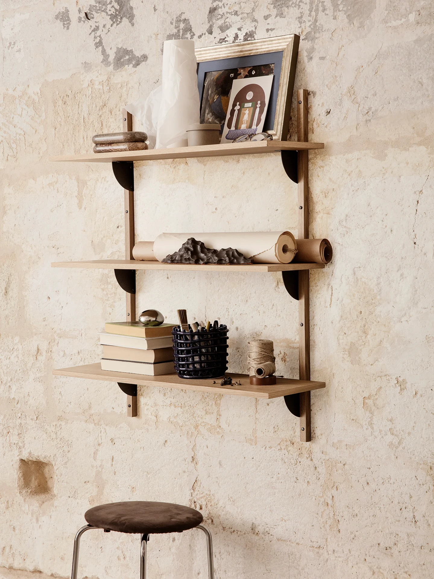 Sector Shelf - Triple - Wide - Natural Oak/Black Brass - Image 2